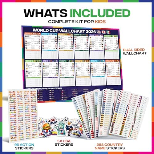 World Cup Wall Chart 2026 Interactive Kit (USA Edition) – A1 Soccer Tournament Wall Planner, 288 Team Progression Stickers, 96 Match Action Stickers, Tournament Tracker & USA Sticker