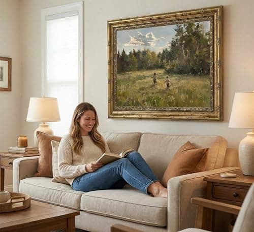 Vintage Gold Framed Wall Art, Retro Countryside Canvas Print, Boys Playing Landscape Oil Painting, for Rustic Living Room and Bedroom, 9x11 Inch — view 7