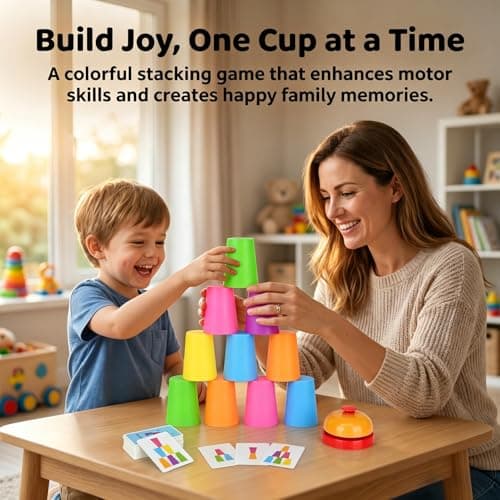 Speed Stacking Cups Game Set - 12 Stacking Cups, 54 Cards, Bell - Cup Stacking Set for Competitive Play & Cognitive Training - Family Battle or Classroom Stacking Game, Parent-Child Interactive Toy — view 2