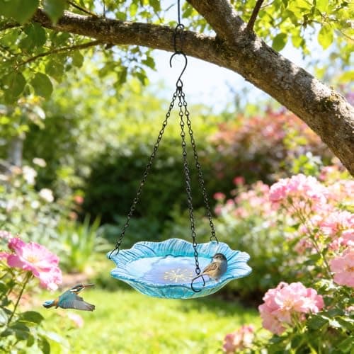 hogardeck 2 in 1 Floral Glass Bird Bath & Feeder - Hanging or Freestanding Outdoor Bird Bath with Sturdy 5-Pronged Base for Garden, Patio, Yard, Lawn Decor — view 2