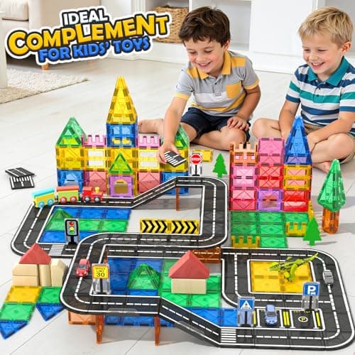 IGIVI Magnetic Tiles Road with Bridge Clamp, STEM Magnetic Building Blocks for Kids, Educational Montessori Sensory Toys for Kids Ages 3-5 4-8 5-7, Gift for 3+ Year Old Boys Girls — view 3
