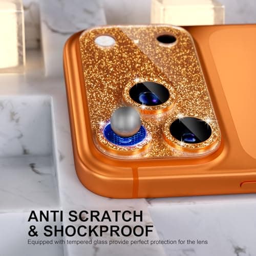 Choiche Compatible for iPhone 17 Pro Max Camera Lens Protector, Bling Camera Cover with 9H Tempered Glass Lens Screen Protector Metal Ring Decoration Accessories 6.9-inch (Glitter-Orange) — view 2