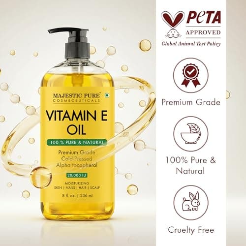 Majestic Pure Vitamin E Oil - 100% Pure & Natural, 20,000 IU | Premium Grade, Cold-Pressed and Tocopherol to Repair Dry, Damaged Skin| Moisturizing Skin, Hair and Scalp 8 Fl Oz