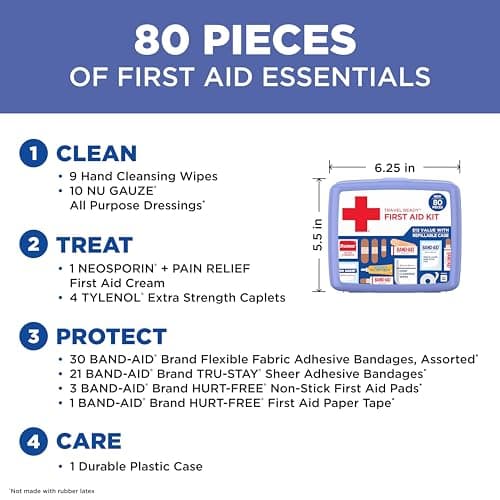 BAND-AID Brand Travel Ready Portable Emergency First Aid Kit, Minor Wound Care, Perfect for Home, Car, Camping, Travel & Outdoor Essentials, Supplies Include Bandages, Neosporin & Tylenol, 80 Piece — view 3
