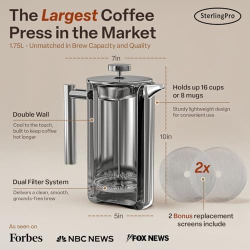 SterlingPro Extra Large Insulated Stainless Steel French Press Coffee Maker 59oz – Insulated Metal XL Double Wall Coffee Maker | Plastic Free | Cool-Touch | Mirror Finish | Makes up to 16 Cups /8 Mugs — view 2