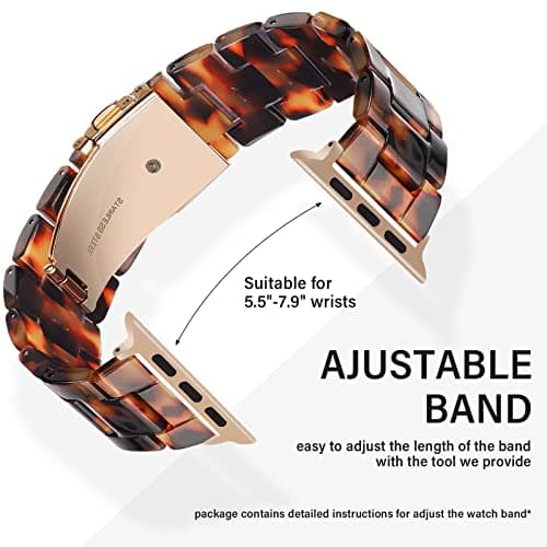HOPO Compatible With Apple Watch Band 38mm 40mm 42mm 44mm Thin Light Resin Strap Bracelet With Stainless Steel Buckle Replacement For iWatch Series Ultra 9 8 7 6 5 4 3 2 1 SE(Tortoiseshell/Rose — view 5