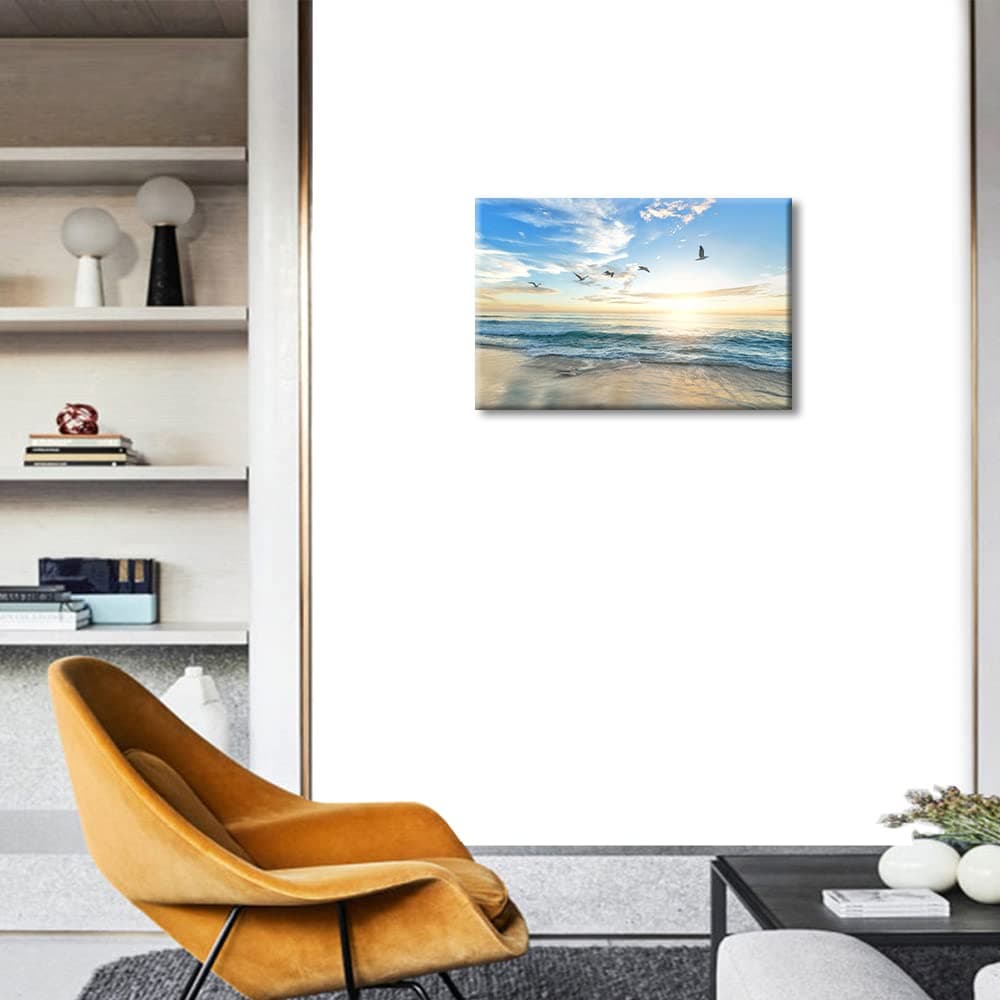 Wall Art for Living Room Beach Canvas Art Wall Decor Blue Sea Sunset Pictures Print on Canvas Natural Landscape Painting Seascape Artwork Stretched Framed Ready to Hang 12x18inch — view 3