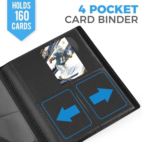 DSCD 4-Pocket Mini Card Binder: 160 Double Sided Sports & Trading Card Collector Album with 20 Sleeves - Kids Strapped Card Holder for TCG NHL Baseball Football Hockey Games (Black）