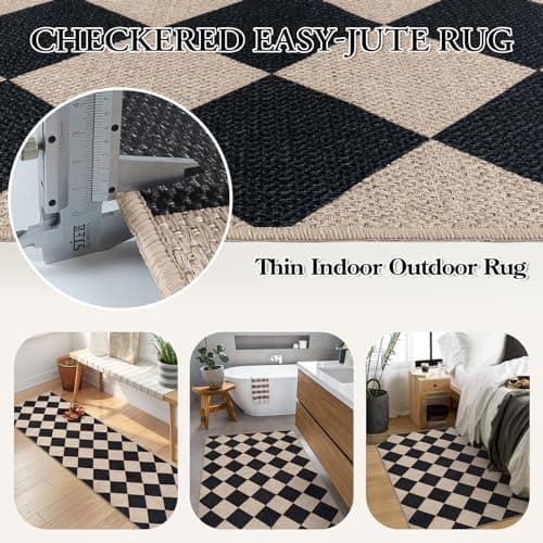 Lahome Checkered Easy Jute 3x5 Entryway Front Porch Rug, Black Diamond Indoor Outdoor Patio Layering Rug, Washable Farmhouse Neutral Non Slip Non Shedding Door Carpet for Backyard Blacony — view 4