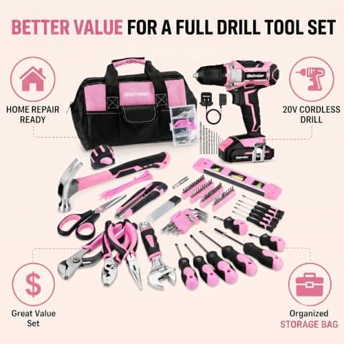 Bielmeier 20V 236Pcs Cordless Pink Drill Set for Women, Lady’s Essential Home Tool Kit with Pink Bag, Perfect DIY Electric Screwdriver Set for Home Repair & Gifts — view 7