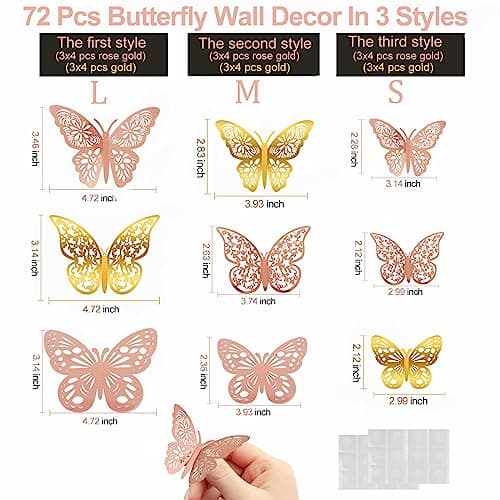 Nelotaor 72 Pcs Butterfly Wall Decor, 3 Styles 3 Sizes 3D Butterfly, Gold and Rose Gold Butterfly, Wedding Decorations, Birthday Party Decorations, Girls Bedroom Decoration(72 Pcs, Gold and Rose Gold) — view 5