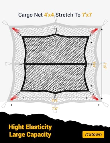 AUTOWN Cargo Net for Pickup Truck Bed - Stretchable 4'x4' to 7'x7', High Elastic Fine Mesh 1''x1'' with 8 Metal Carabiners - Ideal for ATV, SUV, UTV, Truck and Boat Use (Single Layer) — view 2