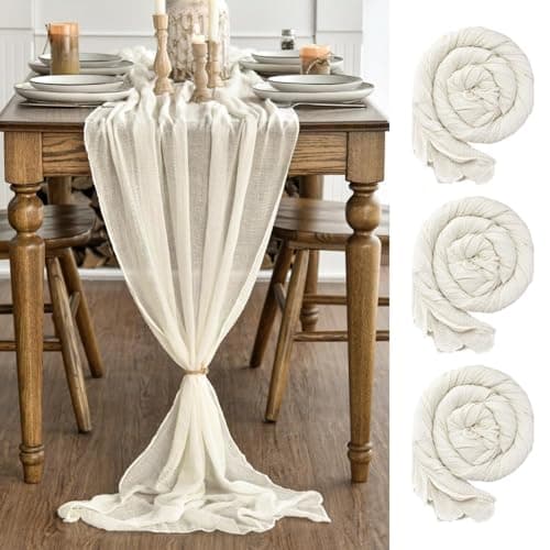 Artoid Mode Boho Beige Gauze 3 Pieces Wedding Table Runner, 300 cm Birthday Fabric Kitchen Dining Holiday Table Decor for Home Party Indoor