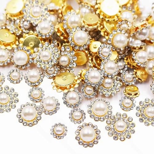 100pcs Sew on Pearls Rhinestones Crystal Gems Glass Sun Flower Jewelry with Gold Claw Mixed 8mm 10mm 12mm 14mm Sewing Flower Claw for Sewing Dress, Clothes, Shoes, Wedding Accessories(19 Pearl)