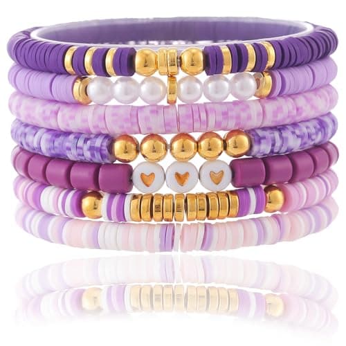 CCINPPY Friendship Bracelets Trendy Heishi Clay Bead Bracelets Stack Gold Beaded Stretch Bracelets for Women Boho Stackable Bracelets Bulk Cute Preppy Jewelry, Purple