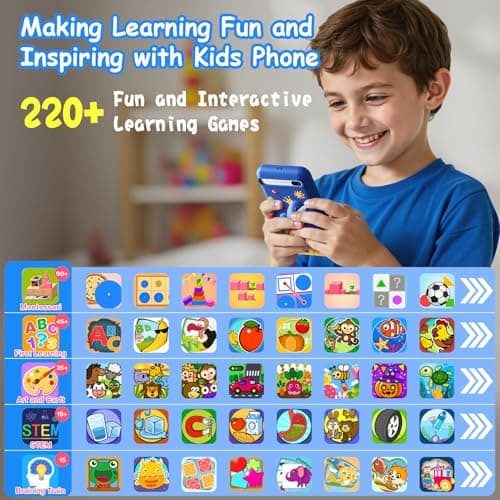 Kids Toys Smart Phone, 3.97" Touchscreen, Dual Camera with Stickers, 220+ Educational Puzzle Games, Toddler Learning Toys with Parental Control, Birthday Gifts for Kids Age 3-12