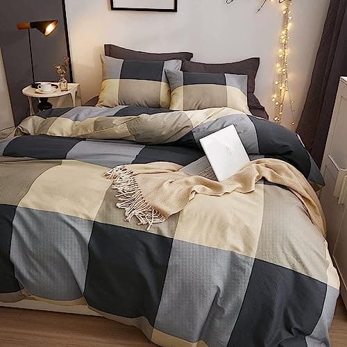 LifeTB Cotton Plaid Duvet Cover Full Size Geometric Grid Checkered Bedding Sets Modern Style 3 Piece Comforter for Men Women with Zipper Ties Full(80''x90'') — view 8