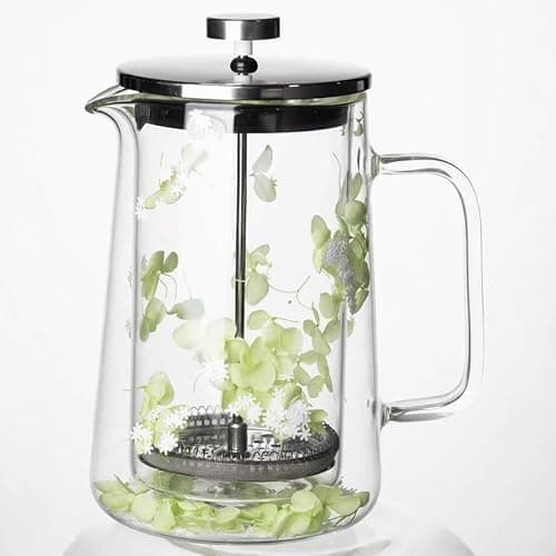 Briclis Glass French Press Coffee Maker 34oz, Embedded Dried Flower Double Wall Borosilicate Coffee Press, No Plastic, 4-Level Stainless Steel Filter for Tea & Cold Brew, Cute Decorative Design