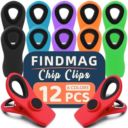 FINDMAG Chip Clips Bag Clips, 12 Pack Bag Clip for Food Storage, Magnetic Chip Clip for Chips, Refrigerator, Kitchen Organization, Office Paper Clamps, Cloth Pins, RV Accessories, Multicolor