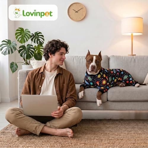 LovinPet Big Dogs Onesies: Big Dog Pajamas, Post Surgery/Wound Care, Lightweight Stretchy Fabric, Interstellar Black Print, Dog Jumpsuit, Anti Licking, Pet PJ's/Medium — view 6