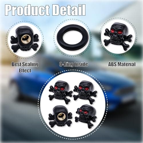 MEAJOO 4PCS Skull Style Tire Valve Stem Caps, Dustproof Wheel Valve Covers Accessories, with Rubber O-Ring, Universal for Cars, SUVs, Bike, Bicycles,Trucks and Motorcycles (Black) — view 2