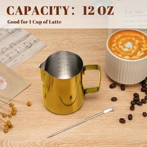 Amrules Milk Frothing Pitcher, 12 oz Milk Frother Cup with Clear Scale, 304 Stainless Steel Cappuccino Espresso Machine Accessories for Barista Coffee Bar with Latte Art Pen, Gold — view 3