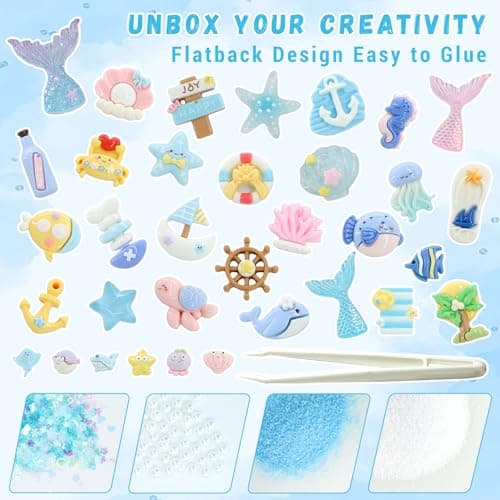 RidaaFri Junk Case Charms Kit, 3D Flatback Pearls Set, Blue Ocean Beach Themed Cute Starfish Turtles Mermaids Large Charms for DIY Craft Accessories