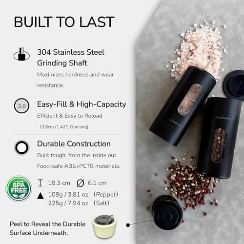 Aurevit Salt and Pepper Grinder Set Manual, Salt and Pepper Mill with Ceramic/Stainless Steel Core, External Adjustable Coarseness, Refillable, Durable (2 Packs, Greige) — view 5