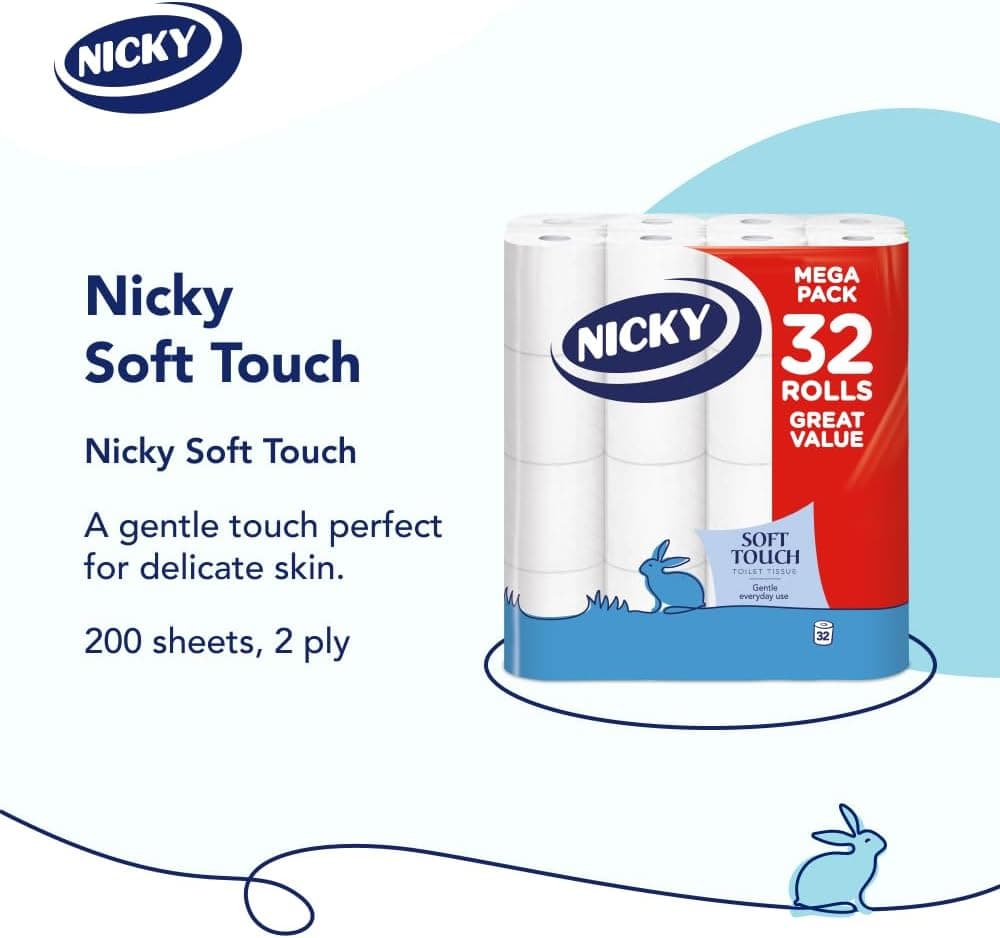 Nicky Soft Touch Toilet Tissue - 32 Rolls of Extra Gentle White Toilet Paper, 190 Sheets per Roll, 2-ply, Soft Tissue, Modern Embossing, Easy Opening, 100% FSC Certified Paper