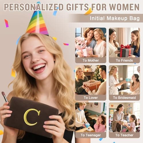 Personalized Initial Makeup Bag,Preppy Suede Cosmetic Bag for Teen Girls,Small Monogram Travel Toiletry Bag With Gold Embroidered Letter,Trendy Stuff Custom Christmas Gift for Women(Coffee-C) — view 4