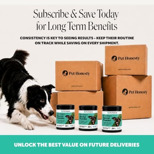 Dog Breath Freshener Dental Powder - Teeth Cleaning Plaque Off + Tartar Remover for Dogs - Care Supplement Food Topper with Kelp, HMP + Postbiotics for Healthy Gums - Mint Flavor (30 Servings) — view 7