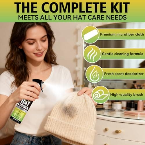 Hat Cleaning Kit, Professional 4-in-1 Hat Cleaner & Deodorizer Spray, Includes Soft Brush & Microfiber Cloth, for Baseball, Trucker, Felt, Wool, Dad Hats, No Water Needed, Remove Stains & Odors — view 2