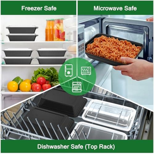 50 Pack (100-Piece) 32 oz Meal Prep Containers Reusable with Easy Open Lids, Sturdy Leakproof Food Safe, Microwave Freezer Dishwasher Safe, To Go Take Out Plastic Food Storage Pans with Lids, Black — view 4