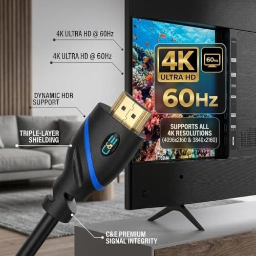 75ft (22.8M) High Speed HDMI Cable Male to Male with Ethernet Black (75 Feet/22.8 Meters) Built-in Signal Booster, Supports 4K 30Hz, 3D, 1080p and Audio Return CNE570709