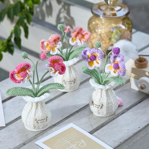 YOOJEE Orchid Crochet Flower Pot Purple Handmade Knitted Phalaenopsis Desk Decor for Home Office — view 2