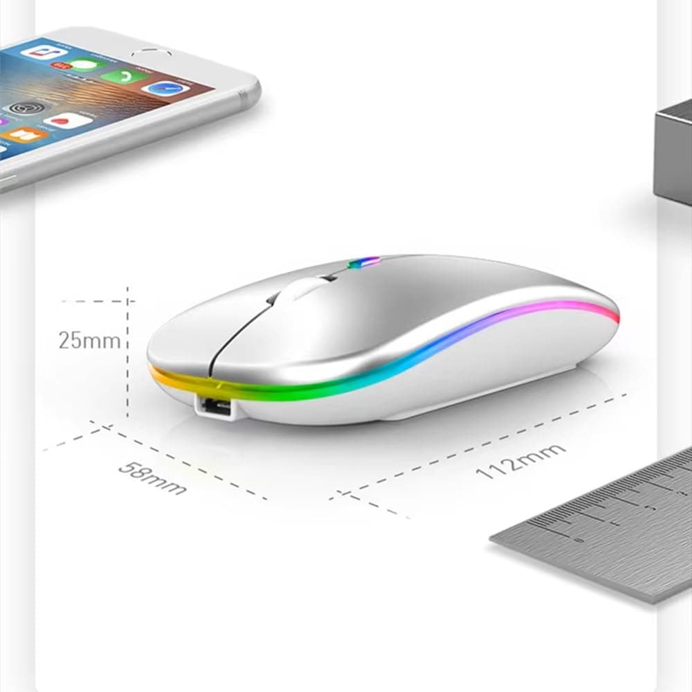 Ratón inalámbrico recargable RGB ultrafino 1600 DPI con doble modo Bluetooth 5.0 + 2.4 GHz, clic silencioso, 3 niveles de DPI (800/1200/1600), diseño ambidiestro, luz LED, tamaño compacto (Blanco). — view 4