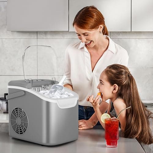 Portable Countertop Ice Maker Machine with Handle, 8 Bullet-Shaped Ice Cubes Ready in 6 Mins, 26Lbs/24H, Self-Cleaning Function with Ice Scoop and Basket for Home/Kitchen/Party (Grey) — view 6