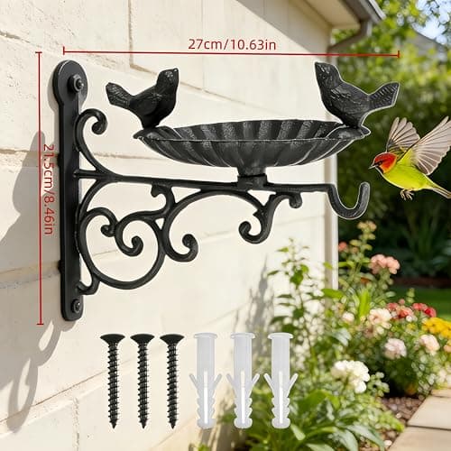Heavy Duty Cast Iron Bird Feeder with Hanging Bracket – Wall Mounted Bath Vintage & Lovely Birds Decorative Hook for Garden, Patio Outdoor Planter Holder Lantern Garden Wind Chime Hanger Decor — view 5