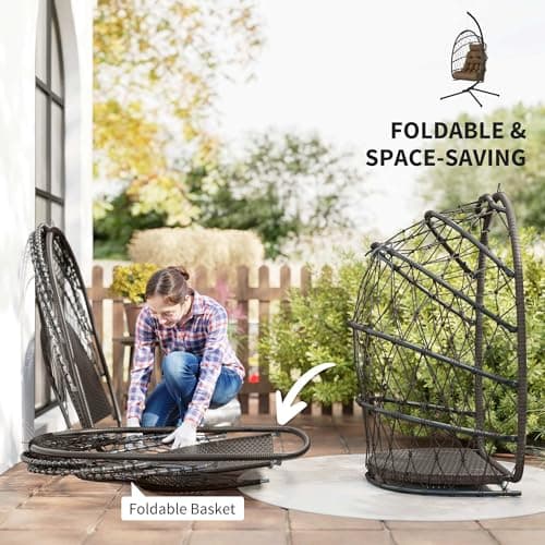 Outsunny Hanging Egg Chair with Stand, Foldable Wicker Rattan Swing Chair with Thick Cushion and Safety Rope for Patio Garden, Supports 264 lbs, Brown — view 3