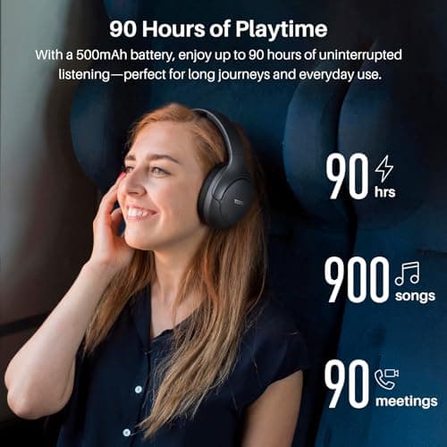 TOZO HT3 Hybrid Noise Cancelling Headphones, 90H Battery Life Wireless Over Ear Bluetooth 6.0 Foldable Headset, AI Voice Assistant with 5 Mics, Connect 2 Devices & Hi-Res Sound, 32 Audio EQ, with Case — view 4