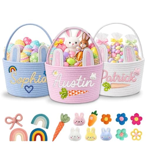 Dyoart Personalized Easter Baskets, Custom Name & Icon Easter Basket with Cute Ears, Hand-Woven Easter Egg Hunt Bag, Customized Easter Gifts Decor for Boys Girls, Cotton Rope Tote Color01