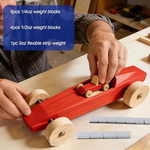 7oz Weights Kit for Pinewood Derby Cars, 13pcs No-Drill Adhesive Pine Wood Car Weights with 3oz Flexible Strip & 1/4oz 1/2oz Blocks Accessorie for Race Car Wheels Axles COG Speed Adjustment (Gray) — view 2