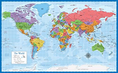 Laminated World Map Poster - Wall Chart Map of Earth - 18" x 29" (Blue)
