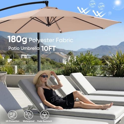 NEWBULIG 10FT Patio Umbrella, Offset Cantilever Outdoor Patio Table Umbrella, UV Protection, Fade Resistant Fabric, Easy Tilt Adjustment for Pool, Deck, Garden, Backyard, Khaki — view 2