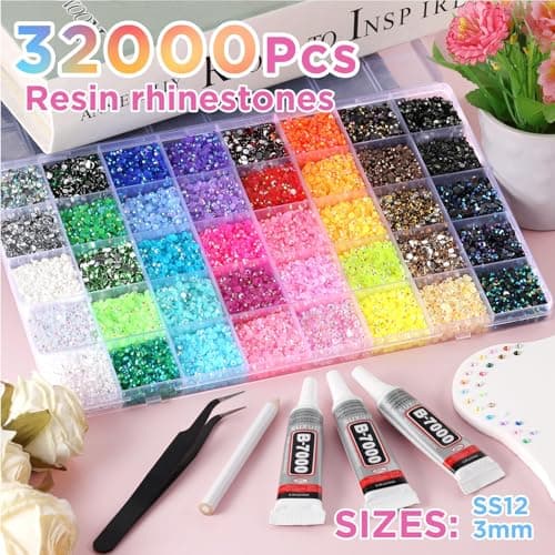 40 Colors Resin Rhinestones for Bedazzling, 32000 Pieces Flatback Gems 3mm, Craft Supplies with 3 Tubes B7000 Glue for Clothing, Shoes, Nail Art, DIY Jewelry Making, Diamond Art