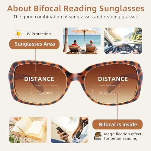JM Classic Bifocal Reading Glasses Square Stylish Gradient Sunglasses Readers for Women +1.75 Black&Tortoise — view 2