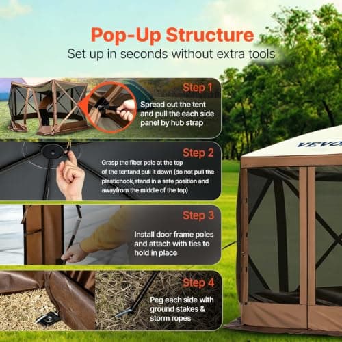 VEVOR Camping Gazebo Tent, 12'x12', 6 Sided Pop-up Canopy Screen Tent for 8 Person Camping, IPX3 Water-Resistant Screen Shelter w/Portable Storage Bag, Ground Stakes, Mesh Windows, Brown & Beige — view 4