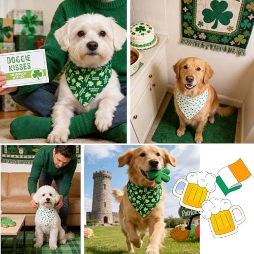 Dimidium 2-Pack St Patricks Day Dog Bandanas Set - Doggie Kisses Shamrock Wishes & Mini 3-Leaf Shamrock Print, Adjustable Snap Button Irish Holiday Scarf for Medium & Large Breeds(15-40kg) — view 3