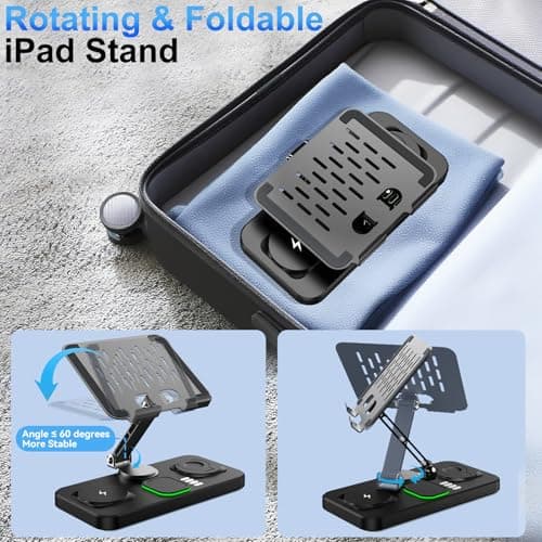 6 in 1 Wireless Charger for Apple Multiple Devices, Charging Station with Clock &7 Color Ambient Light, Foldable Rotate Stand for iPad, for iPhone17/16/15, Support for Apple Watch11/10 For AirPods4 — view 6