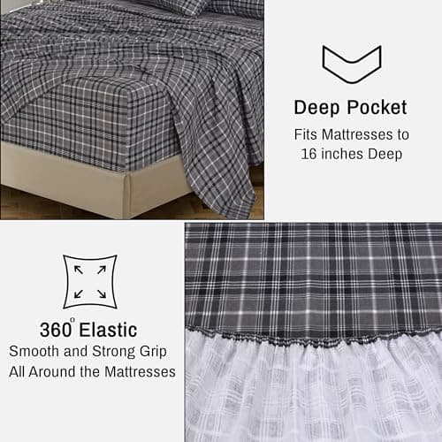 RUVANTI Flannel Sheets Queen Size - 100% Cotton Double Brushed Bed Sheets, Deep Pockets 16 Inches Queen Sheet Set, All Seasons Breathable & Extra Soft - Warm & Cozy, 4 Piece, Grey Plaid — view 5